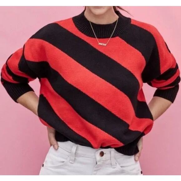 Clare V Drop Shoulder Poppy Red Black Stripe Sweater Cotton Cashmere Womens XL - Picture 1 of 13